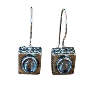 Artisan Antiqued Silver Tone Building Block Cube Blue Stone Drop Earrings